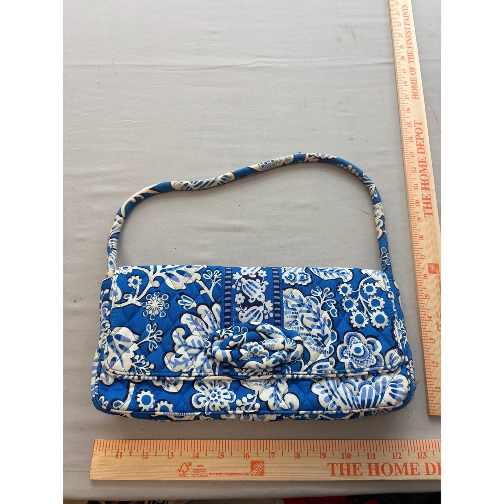 Vera Bradley Blue White Floral Quilted Cotton Baguette Shoulder Bag Handbag